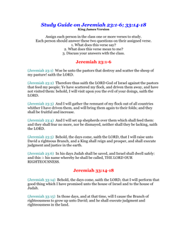Study Guide on Jeremiah 23:1-6; 33:14-18 King James Version