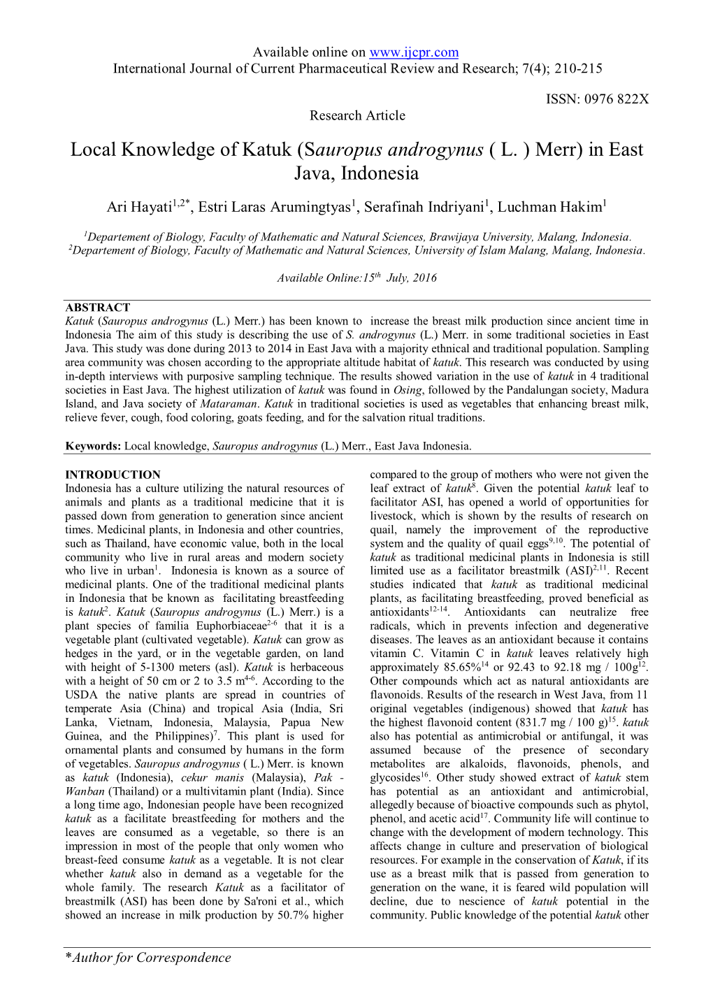 Local Knowledge of Katuk (Sauropus Androgynus ( L. ) Merr) in East Java, Indonesia