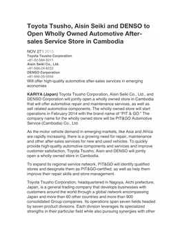 Toyota Tsusho, Aisin Seiki and DENSO to Open Wholly Owned Automotive After- Sales Service Store in Cambodia