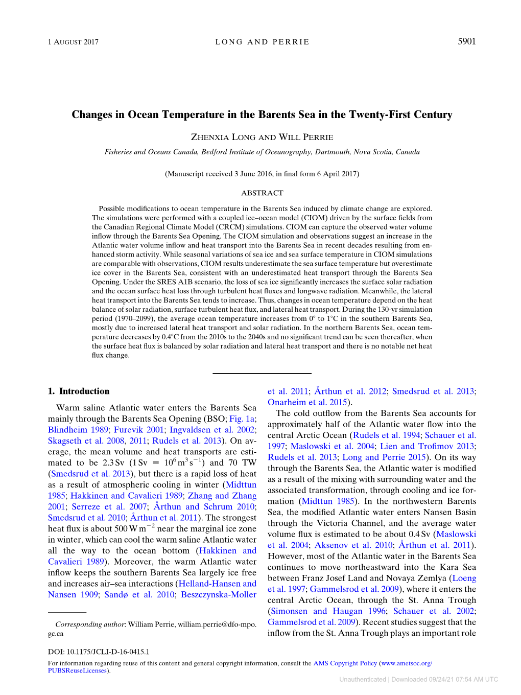 Changes in Ocean Temperature in the Barents Sea in the Twenty-First Century