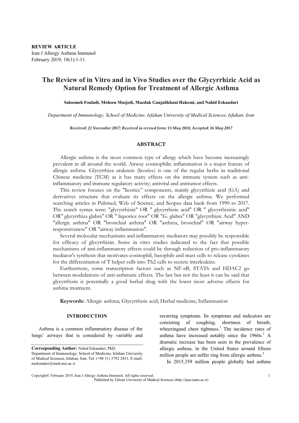 The Review of in Vitro and in Vivo Studies Over the Glycyrrhizic Acid As Natural Remedy Option for Treatment of Allergic Asthma