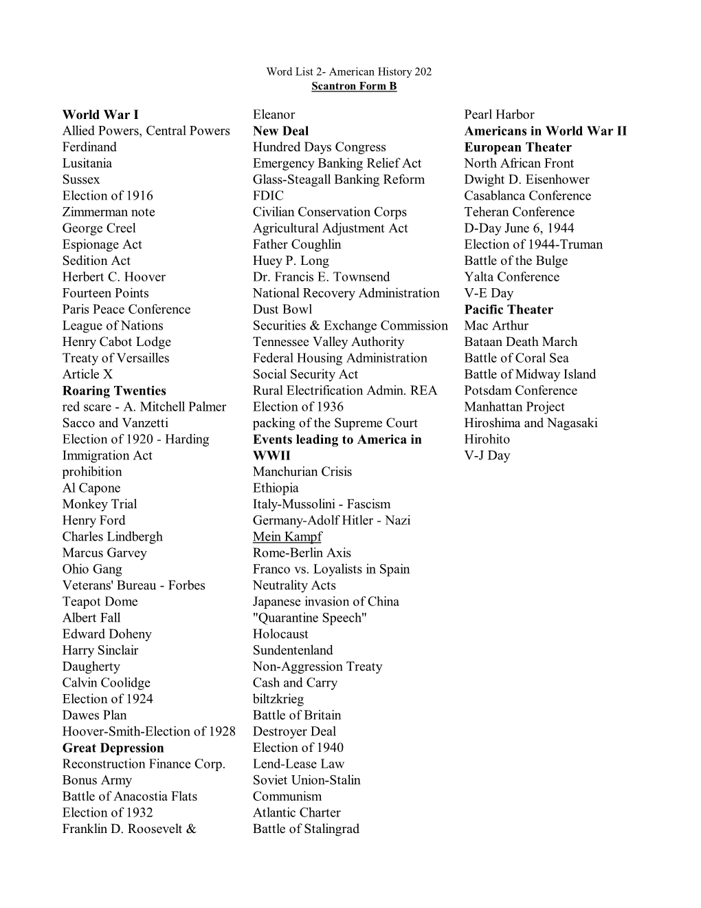 Word List 2- American History 202 Scantron Form B