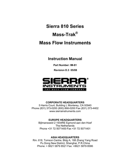 Sierra 810 Series Mass-Trak Mass Flow Instruments