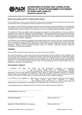 Adventures in Diving and Correlating Specialty Diver Programmes Statement of Risks and Liability