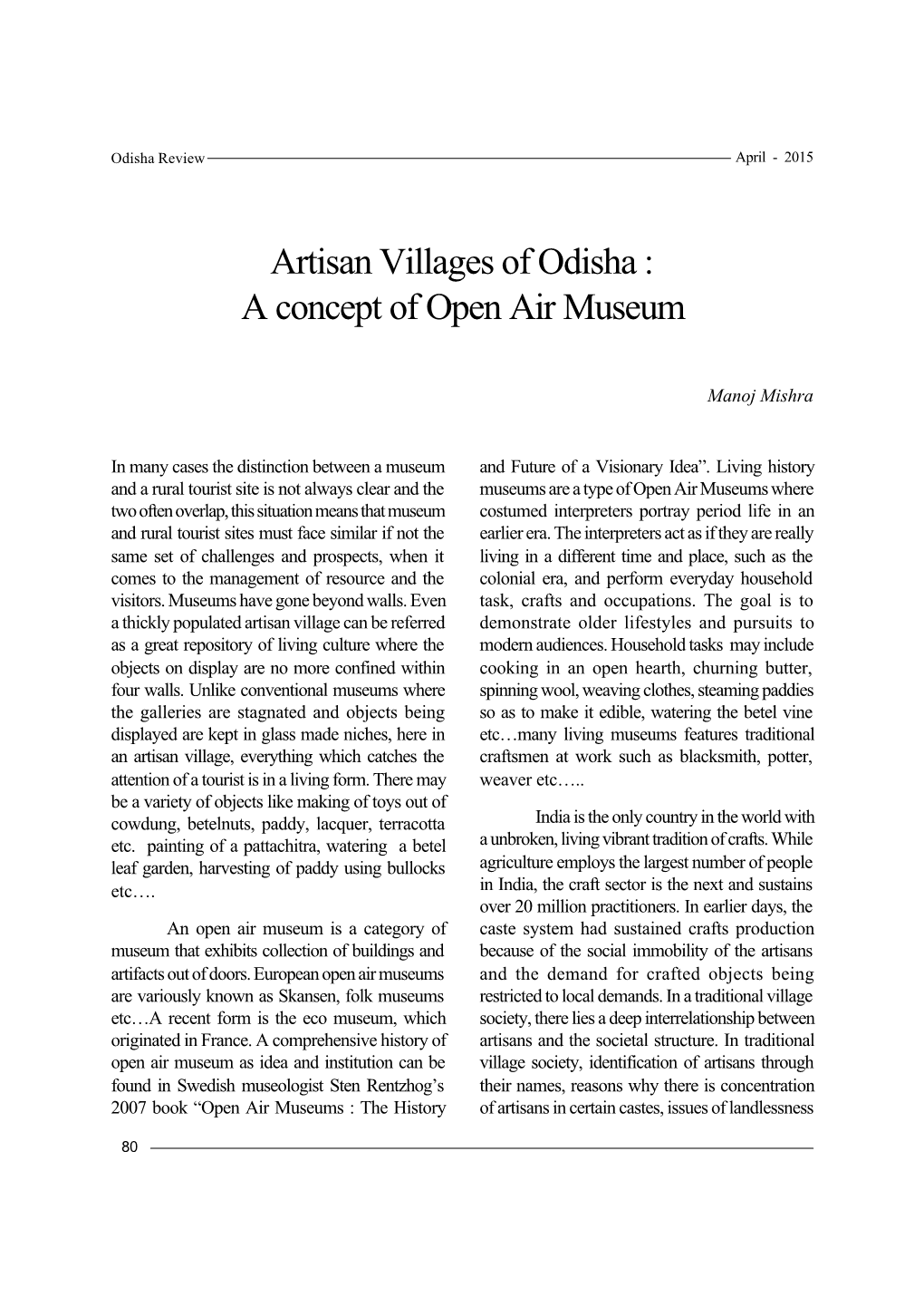 Artisan Villages of Odisha : a Concept of Open Air Museum