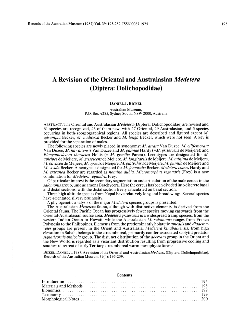 A Revision of the Oriental and Australasian Medetera (Diptera: Dolichopodidae)