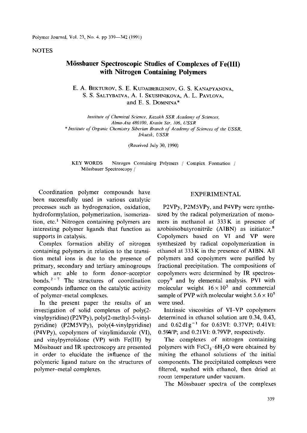 Mossbauer Spectroscopic Studies of Complexes of Fe(III) with Nitrogen Containing Polymers