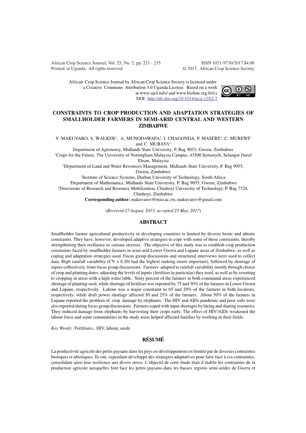 Constraints to Crop Production and Adaptation Strategies of Smallholder Farmers in Semi-Arid Central and Western Zimbabwe