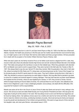 Maralin Payne Bennett May 30, 1928 ~ Feb