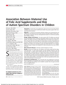 Association Between Maternal Use of Folic Acid Supplements and Risk of Autism Spectrum Disorders in Children