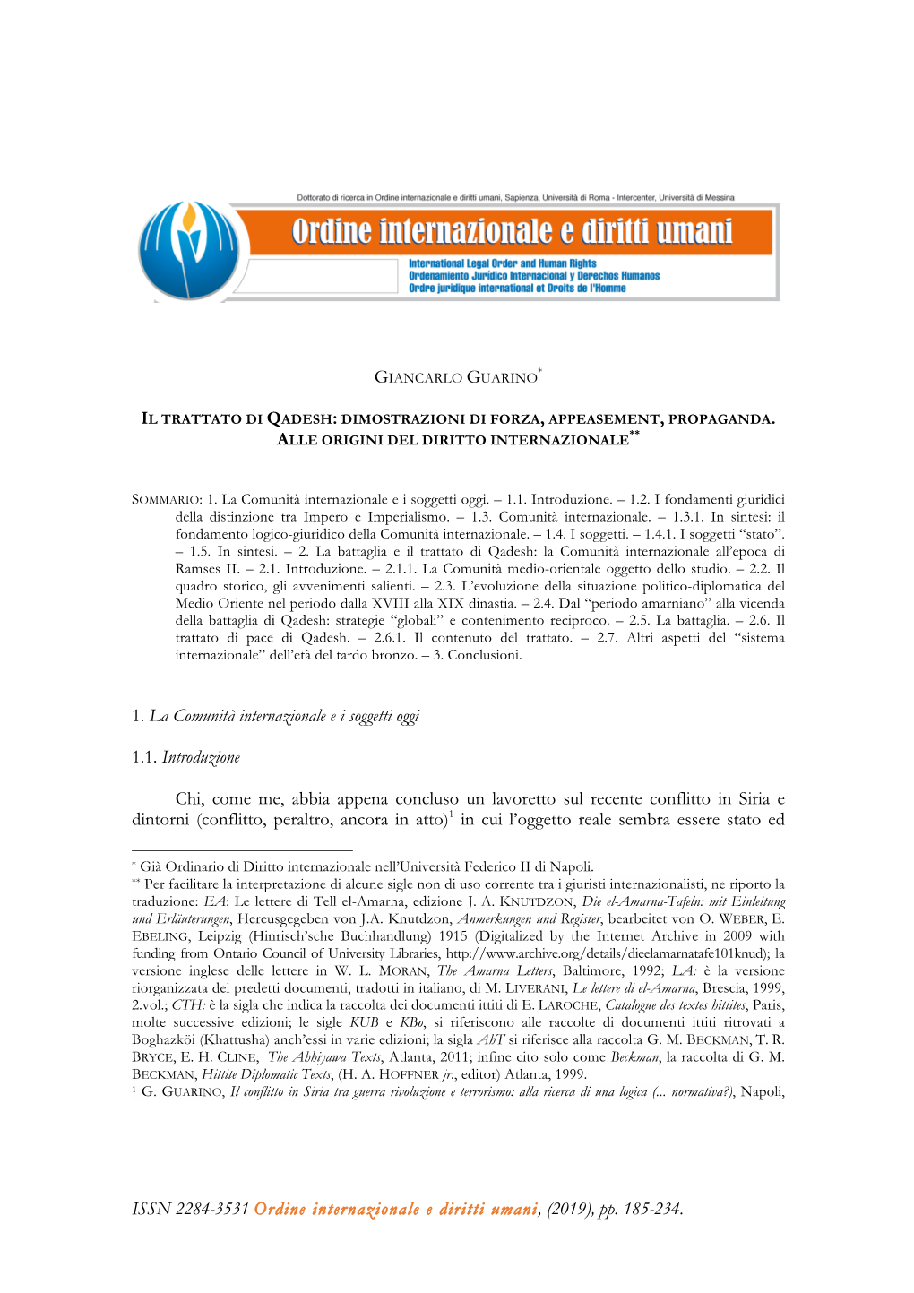 (2019), Pp. 185-234. 1. La Comunità Internazionale Ei Soggetti Oggi 1.1