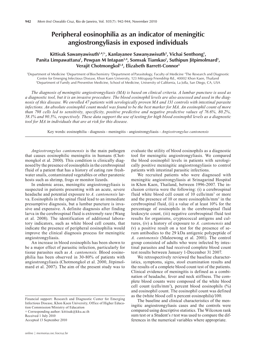 Peripheral Eosinophilia As an Indicator of Meningitic Angiostrongyliasis in Exposed Individuals