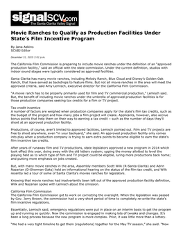 Movie Ranches to Qualify As Production Facilities Under State's Film Incentive Program