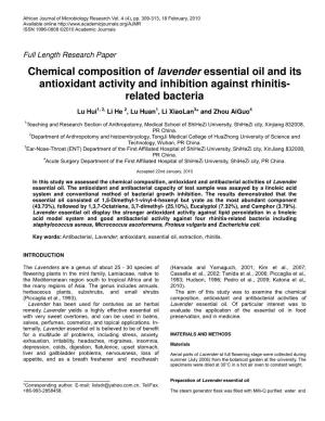 Chemical Composition of Lavender Essential Oil and Its Antioxidant Activity and Inhibition Against Rhinitis- Related Bacteria