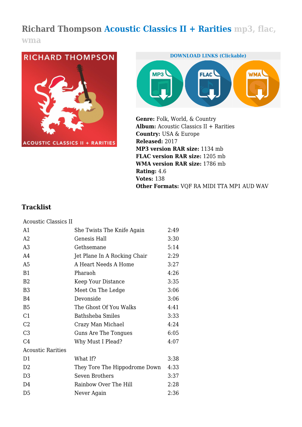 Richard Thompson Acoustic Classics II + Rarities Mp3, Flac, Wma