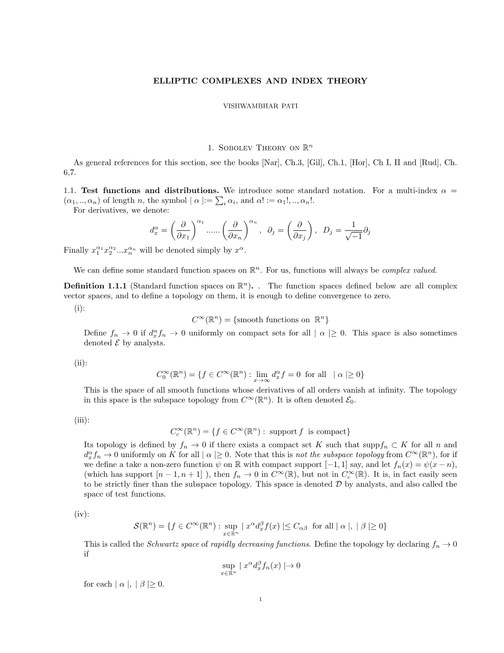 ELLIPTIC COMPLEXES and INDEX THEORY 1. Sobolev Theory on R