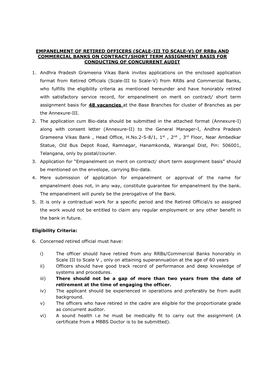 EMPANELMENT of RETIRED OFFICERS (SCALE-III to SCALE-V) of Rrbs and COMMERCIAL BANKS on CONTRACT/SHORT TERM ASSIGNMENT BASIS for CONDUCTING of CONCURRENT AUDIT