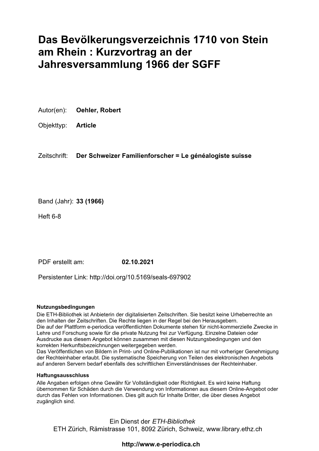 Kurzvortrag an Der Jahresversammlung 1966 Der SGFF