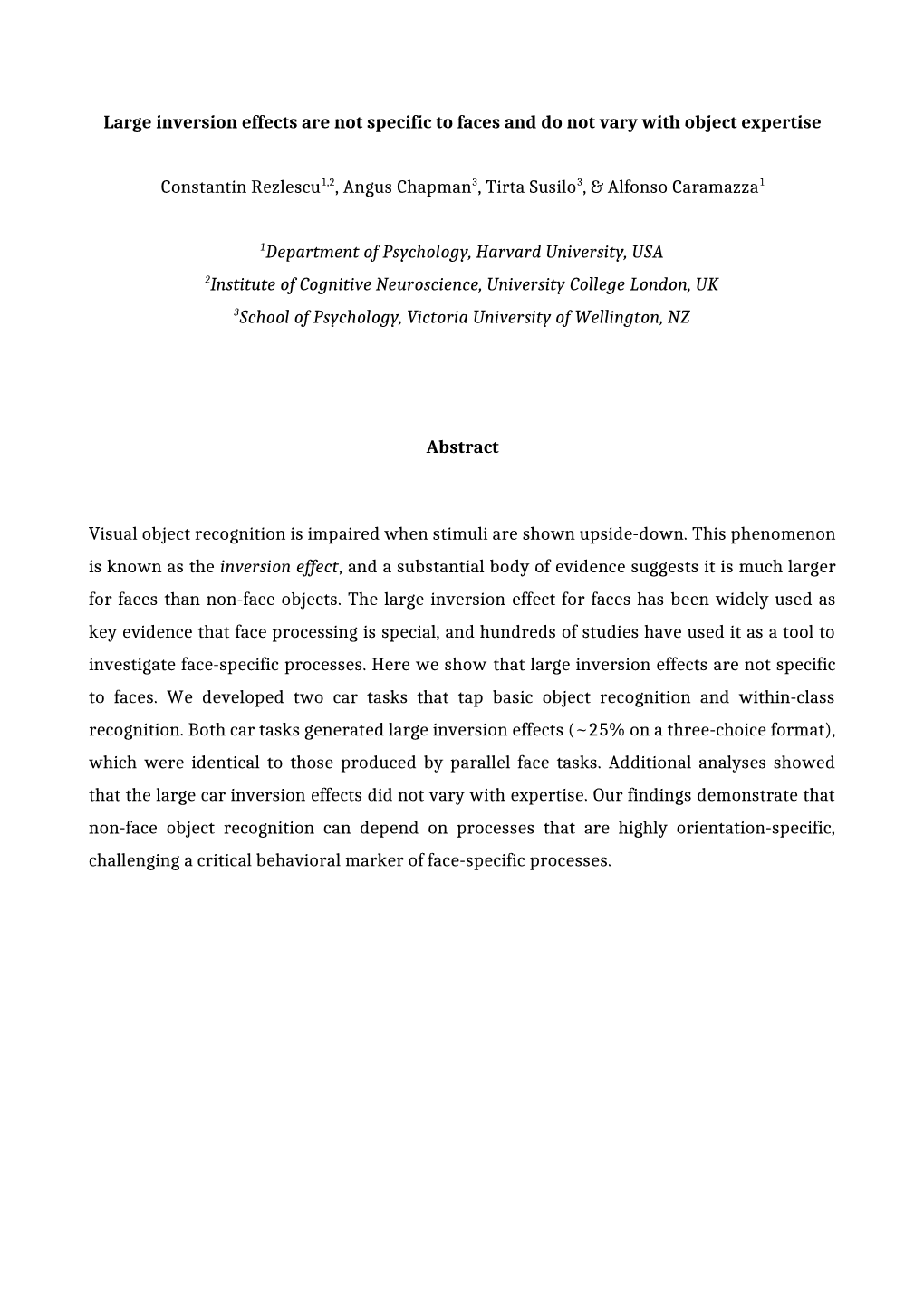 Large Inversion Effects Are Not Specific to Faces and Do Not Vary with Object Expertise