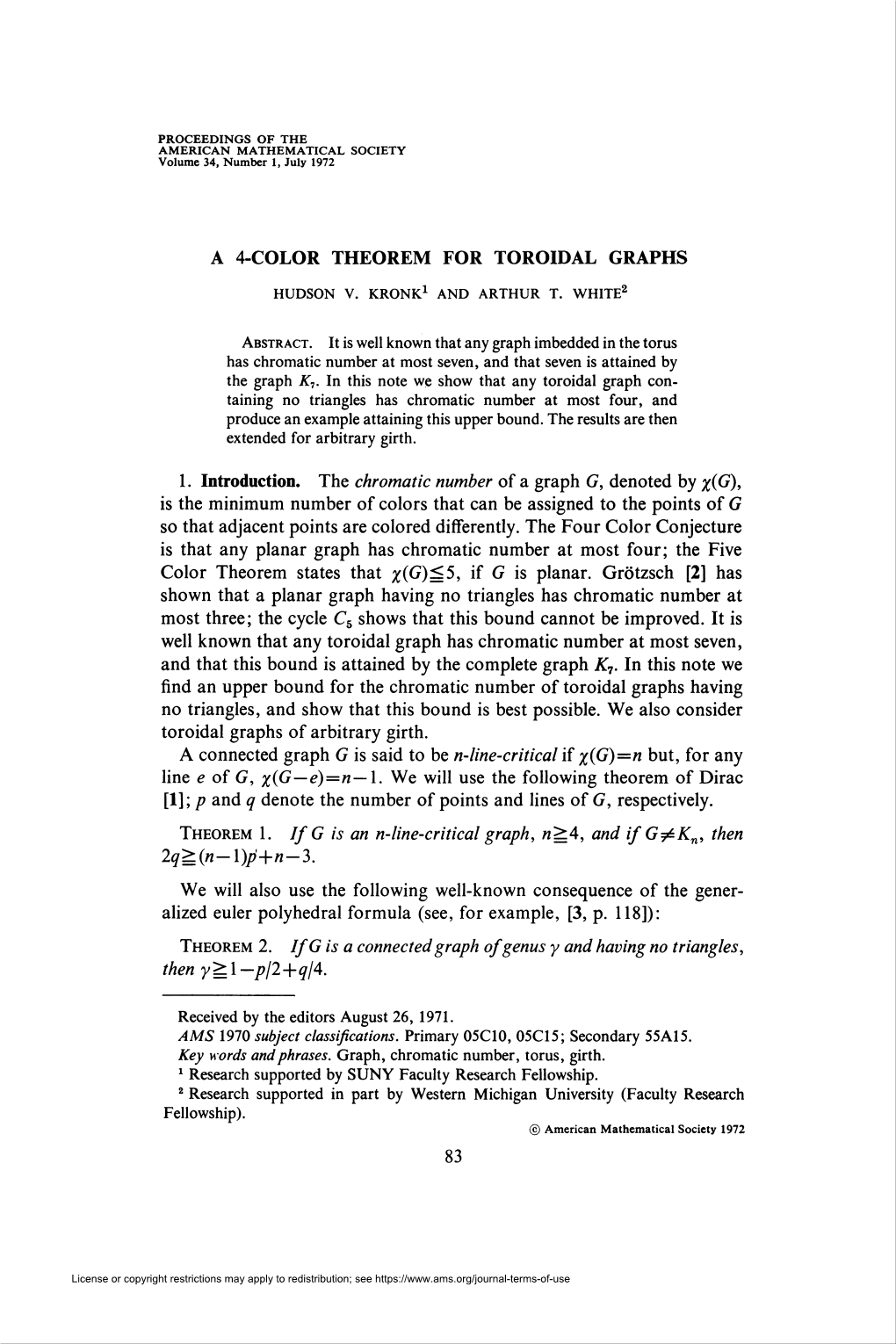 A 4-Color Theorem for Toroidal Graphs 83