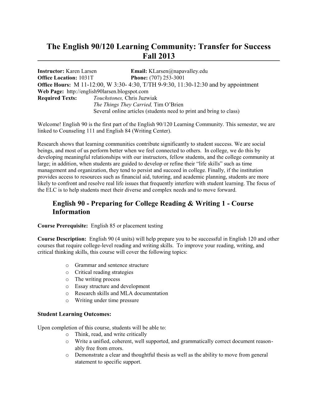 The English 90/120 Learning Community: Transfer for Success