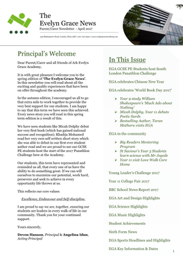 Principal's Welcome in This Issue