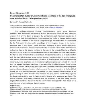 Paper Number: 234 Occurrence of an Outlier of Lower Gondwana Sandstone in the Bela- Mangruda Area, Adilabad District, Telangana State, India