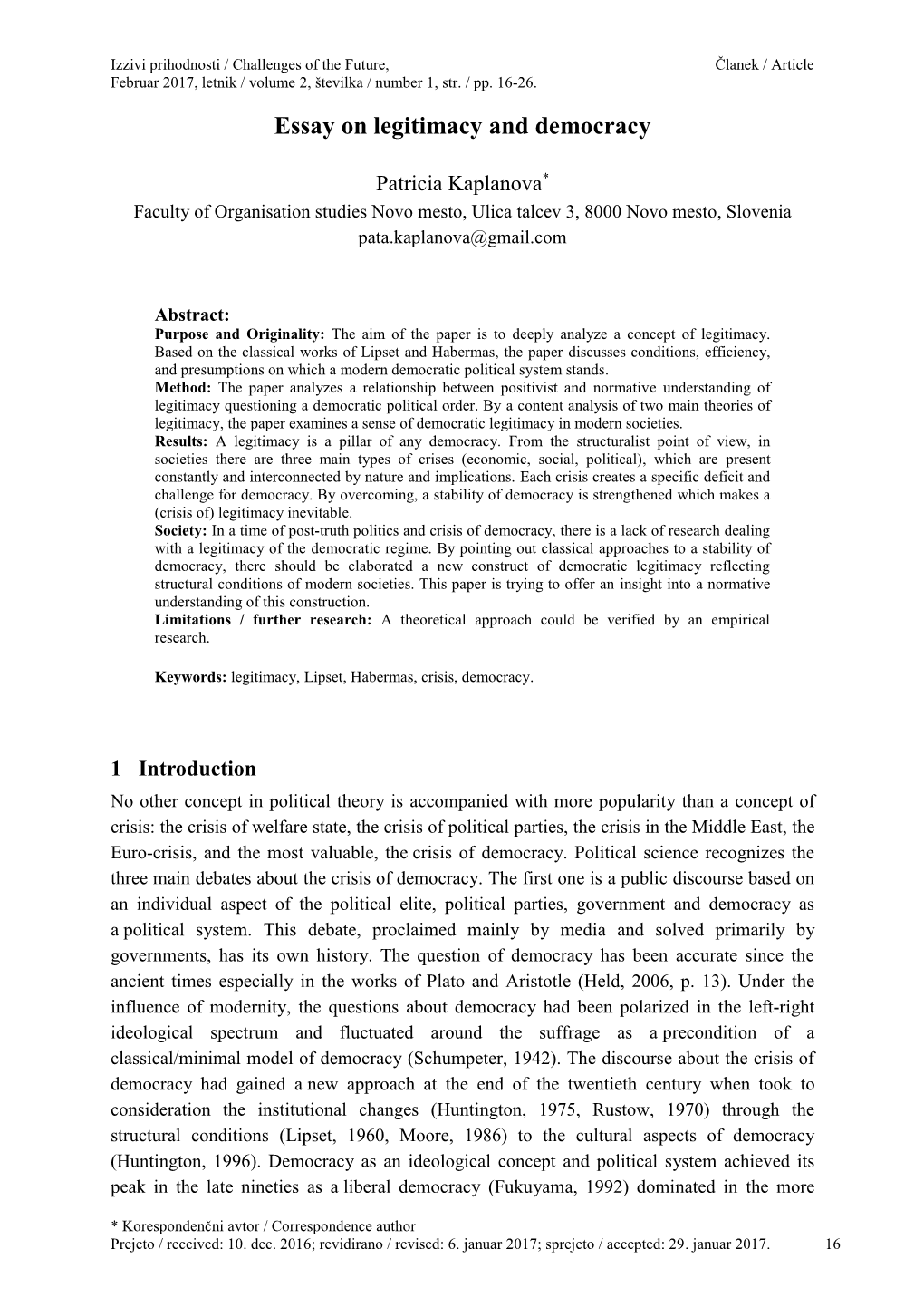 Essay on Legitimacy and Democracy