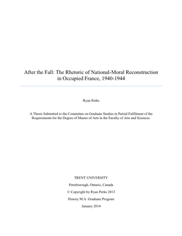 The Rhetoric of National-Moral Reconstruction in Occupied France, 1940-1944