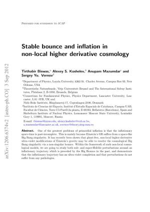 Stable Bounce and Inflation in Non-Local Higher Derivative Cosmology