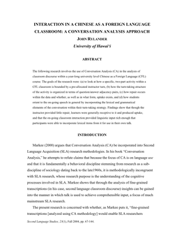 Interaction in a Chinese As a Foreign Language Classroom: a Conversation Analysis Approach