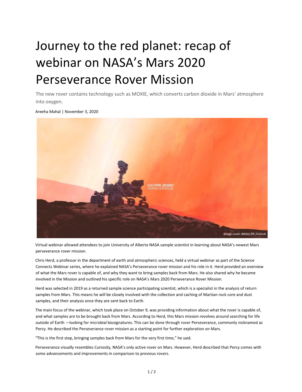 Recap of Webinar on NASA's Mars 2020