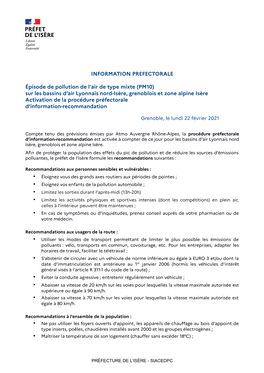 INFORMATION PREFECTORALE Épisode De Pollution De L'air De Type