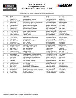 Numerical Darlington Raceway 72Nd Annual Cook out Southern 500
