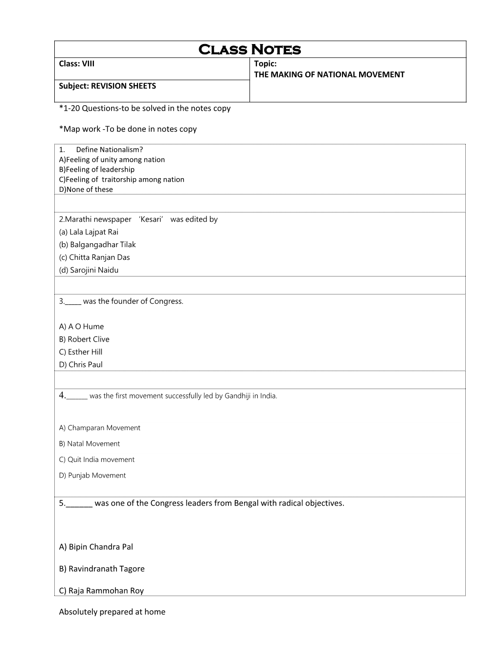 Class Notes Class: VIII Topic: the MAKING of NATIONAL MOVEMENT Subject: REVISION SHEETS