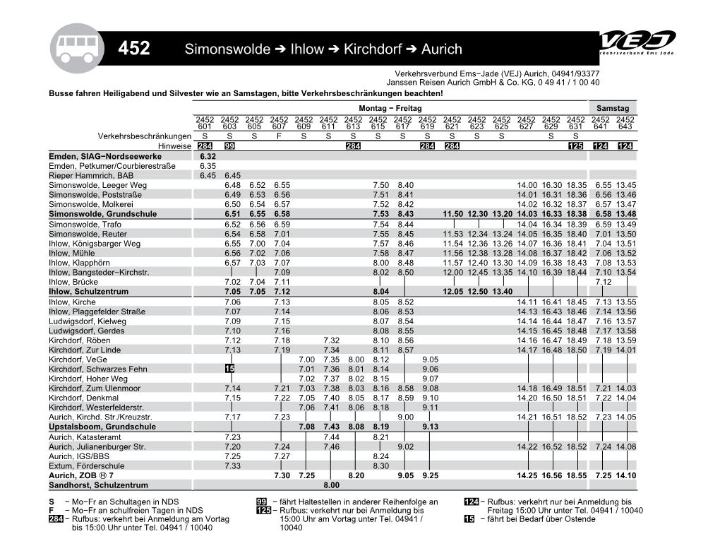 Q 452 Simonswolde Ã Ihlow Ã Kirchdorf Ã Aurich | Verkehrsverbund Ems−Jade (VEJ) Aurich, 04941/93377 Janssen Reisen Aurich Gmbh & Co