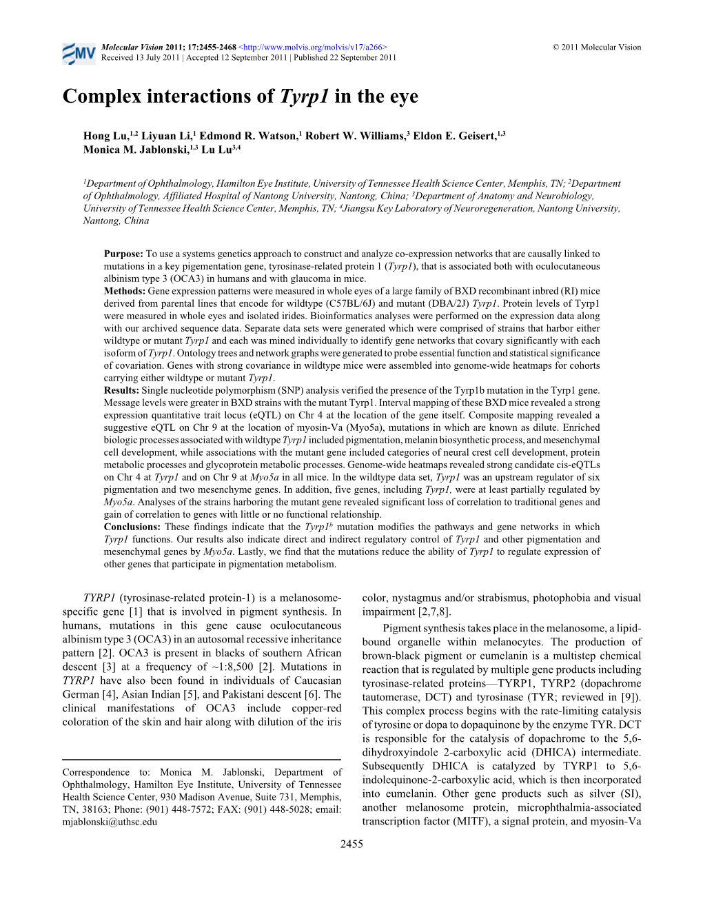 Complex Interactions of Tyrp1 in the Eye