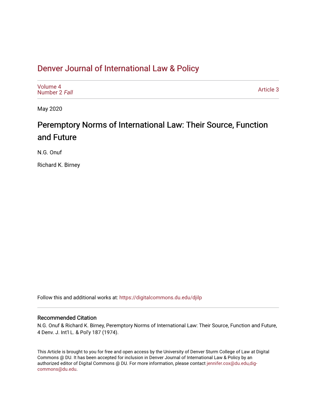 Peremptory Norms of International Law: Their Source, Function and Future