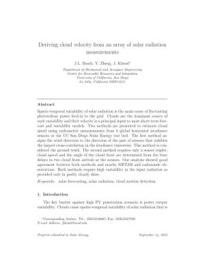 Deriving Cloud Velocity from an Array of Solar Radiation Measurements