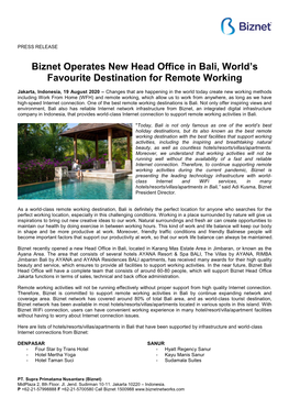Biznet Operates New Head Office in Bali, World's Favourite Destination for Remote Working