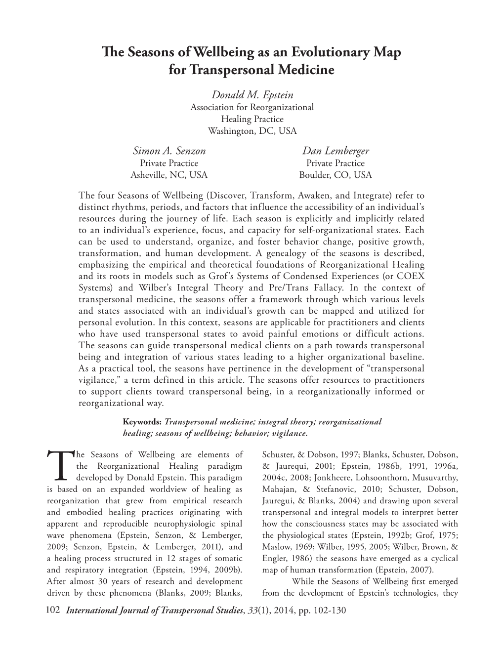 The Seasons of Wellbeing As an Evolutionary Map for Transpersonal Medicine