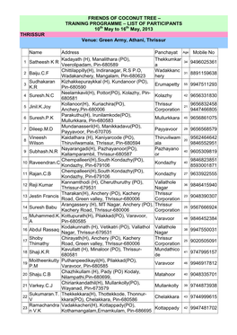 FRIENDS of COCONUT TREE – TRAINING PROGRAMME – LIST of PARTICIPANTS 10 Th May to 16 Th May, 2013 THRISSUR Venue: Green Army, Athani, Thrissur