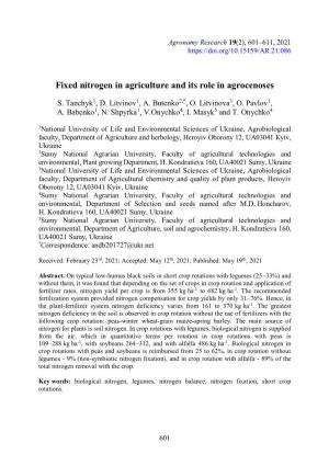 Fixed Nitrogen in Agriculture and Its Role in Agrocenoses