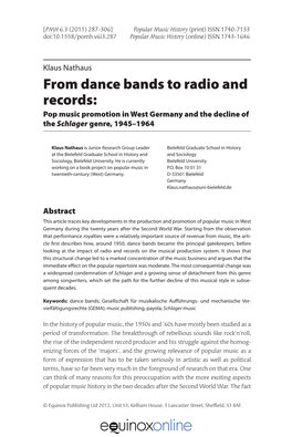 From Dance Bands to Radio and Records: Pop Music Promotion in West Germany and the Decline of the Schlager Genre, 1945–1964