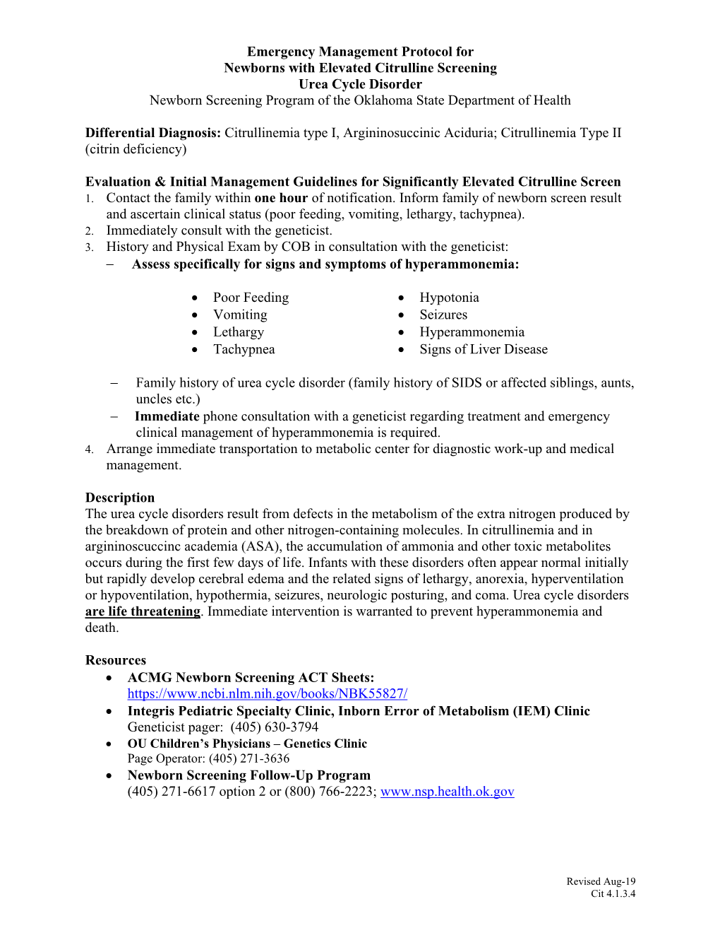 Emergency Management Protocol for Newborns with Elevated Citrulline