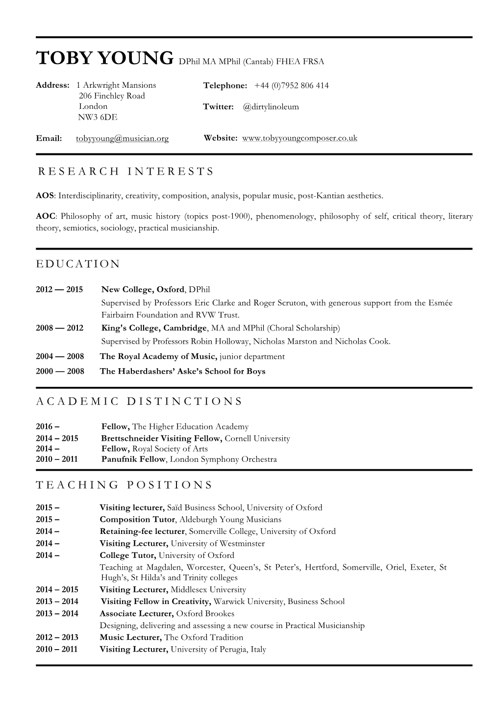 Toby Young Academic CV