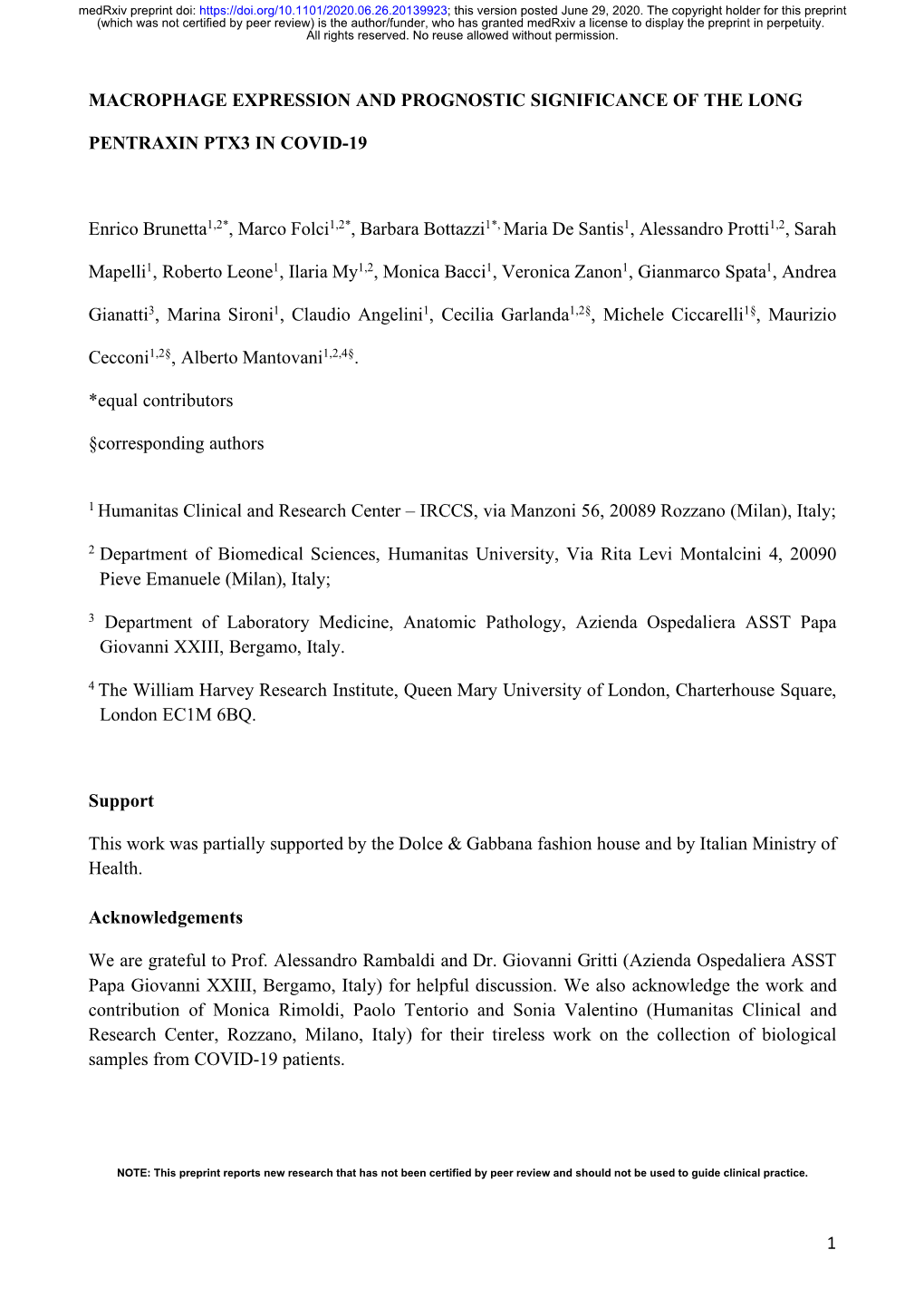 Macrophage Expression and Prognostic Significance of the Long Pentraxin PTX3 in COVID-19