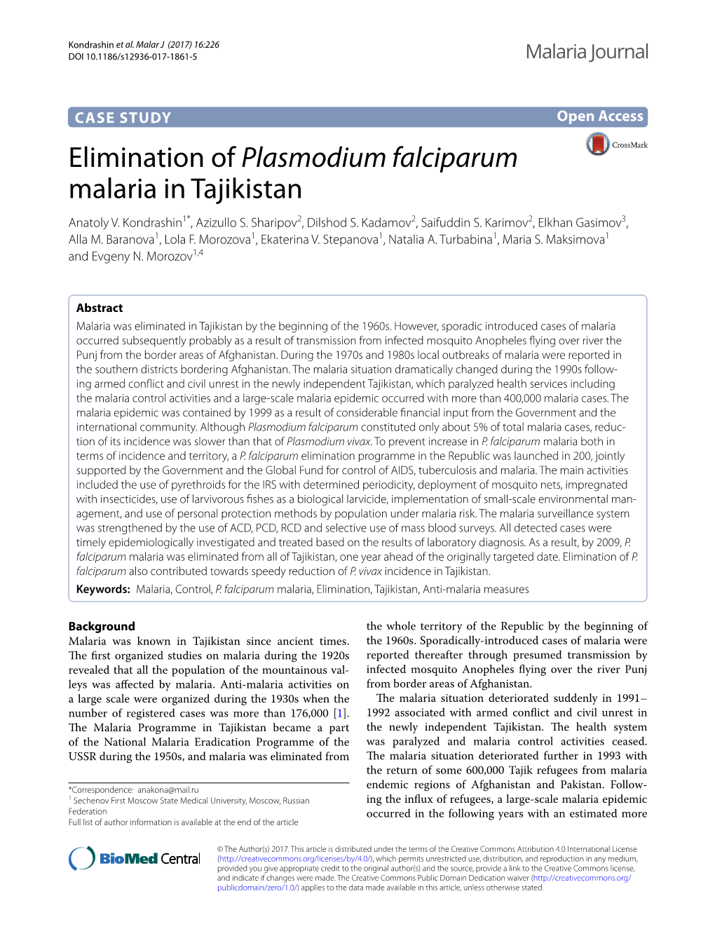 Elimination of Plasmodium Falciparum Malaria in Tajikistan Anatoly V