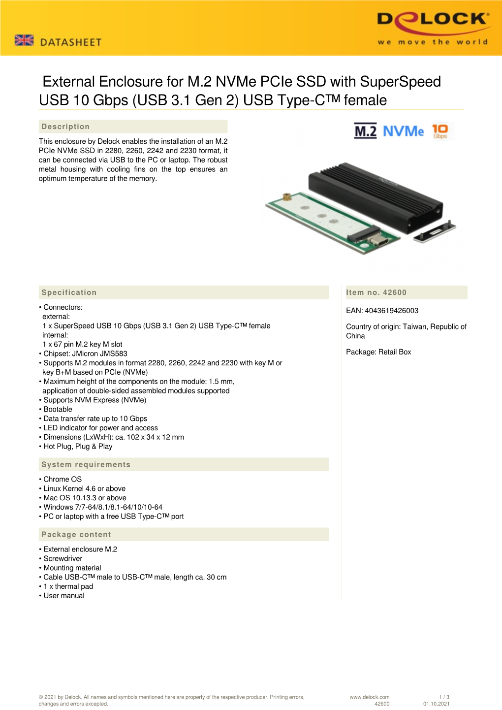 External Enclosure for M.2 Nvme Pcie SSD with Superspeed USB 10 Gbps (USB 3.1 Gen 2) USB Type-C™ Female