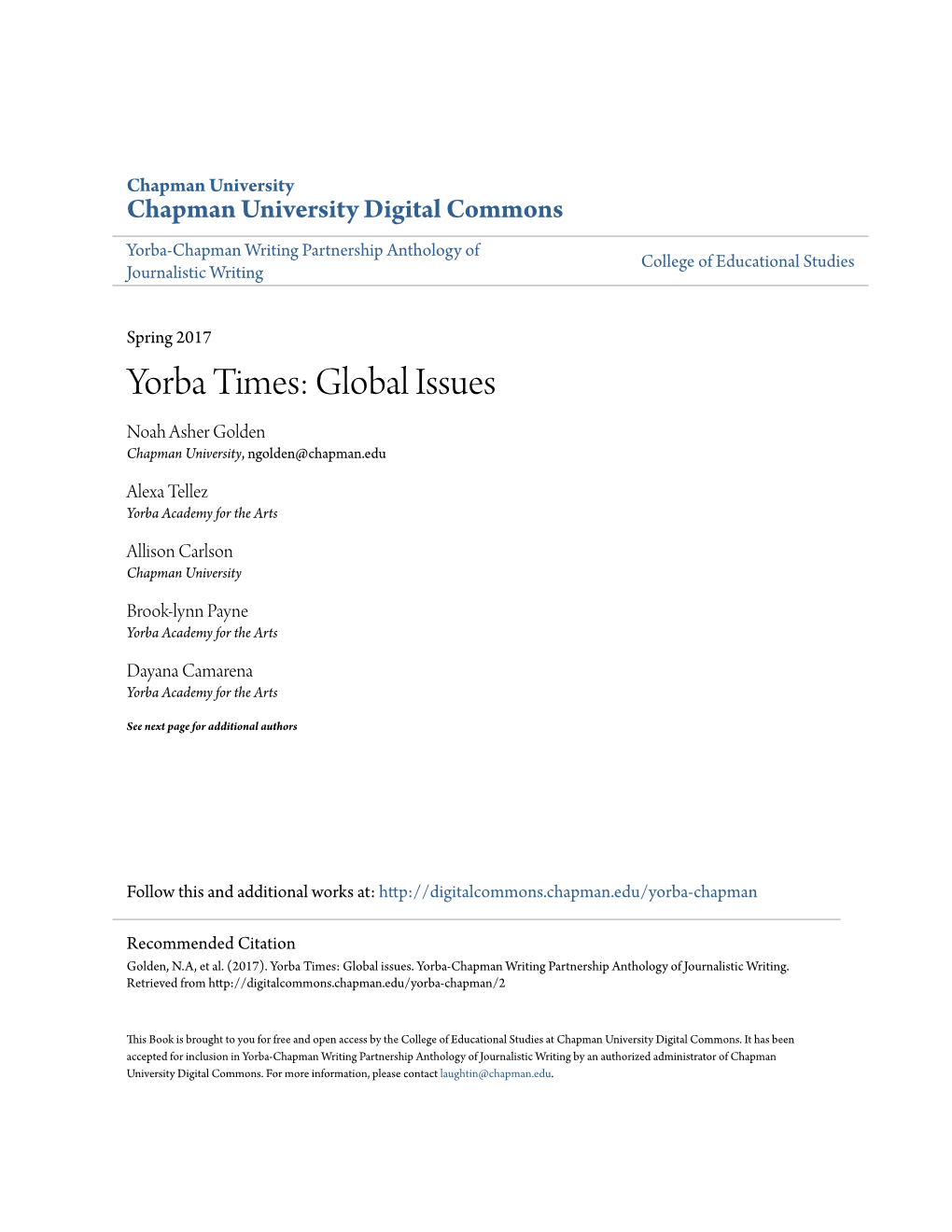 Yorba Times: Global Issues Noah Asher Golden Chapman University, Ngolden@Chapman.Edu